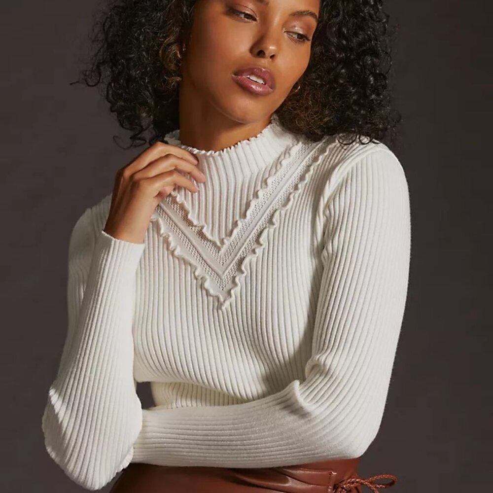 By Anthropologie Ribbed Turtleneck Sweater in White Size: Medium